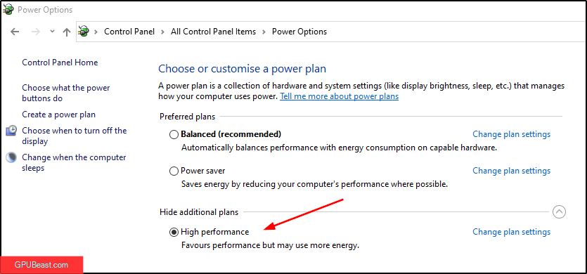 power options in control panel set to high performance